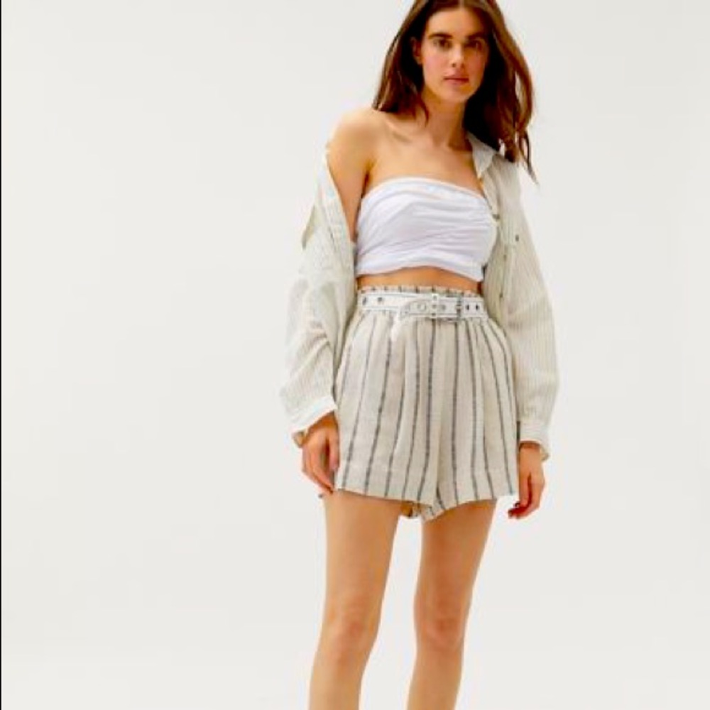 UO Josie Linen striped pull-on shorts